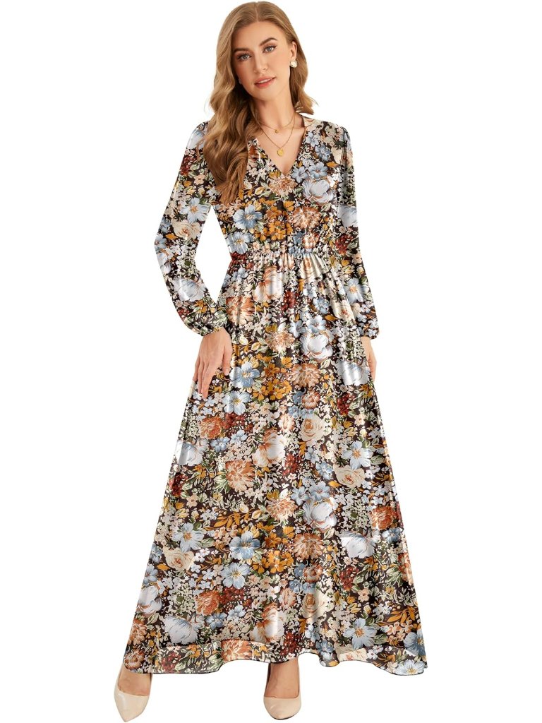 Long Sleeve Maxi Dress For Women Chiffon V Neck Boho Floral Long Dress